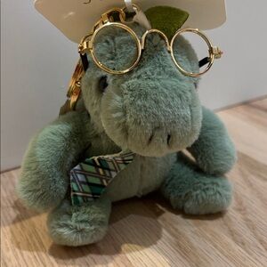 NWT Natasha Green plush Dinosaur wearing glasses & a tie keychain/bag charm